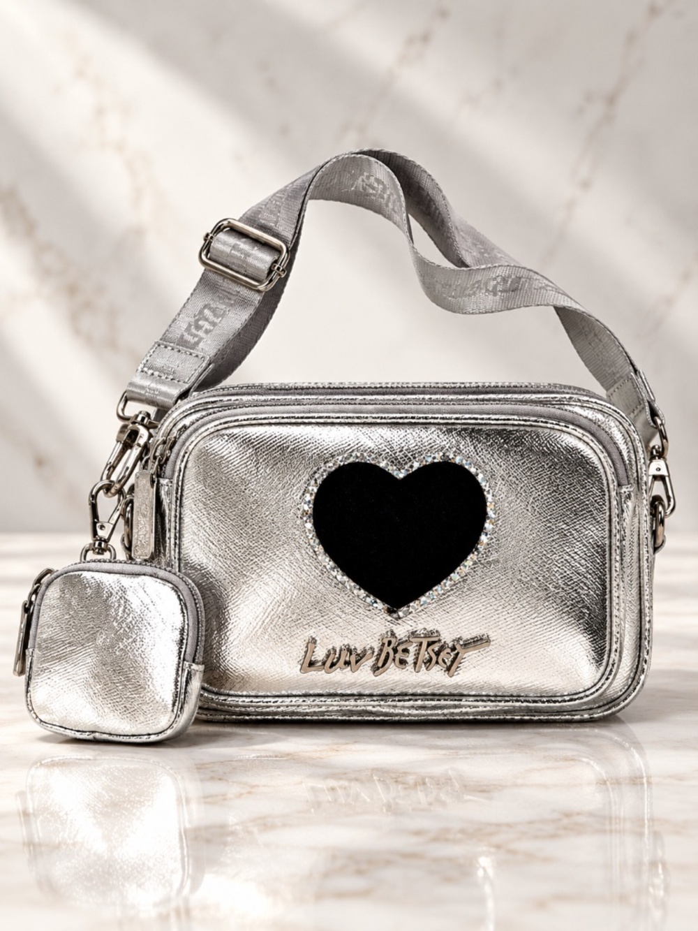 Betsey Johnson Metallic Silver Camera Crossbody Bag Heart Patch Pouch NWT